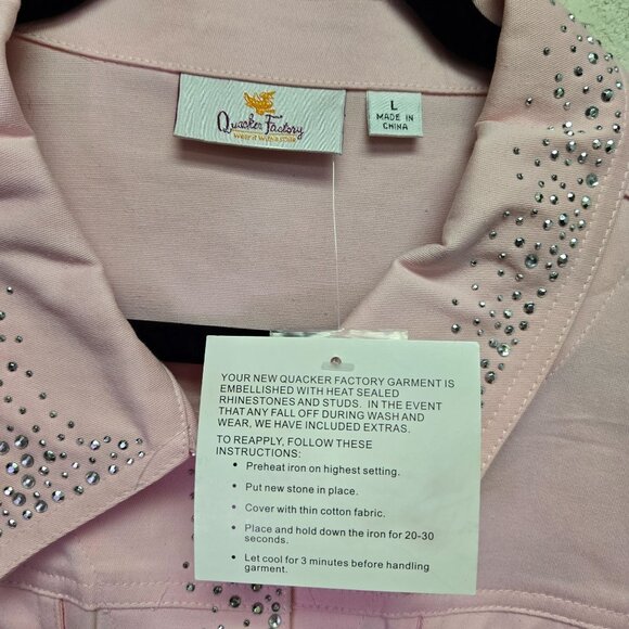 Quacker Factory Pink Rhinestone Embellished Sleeveless Button Up Shirt Large Art - Picture 6 of 12